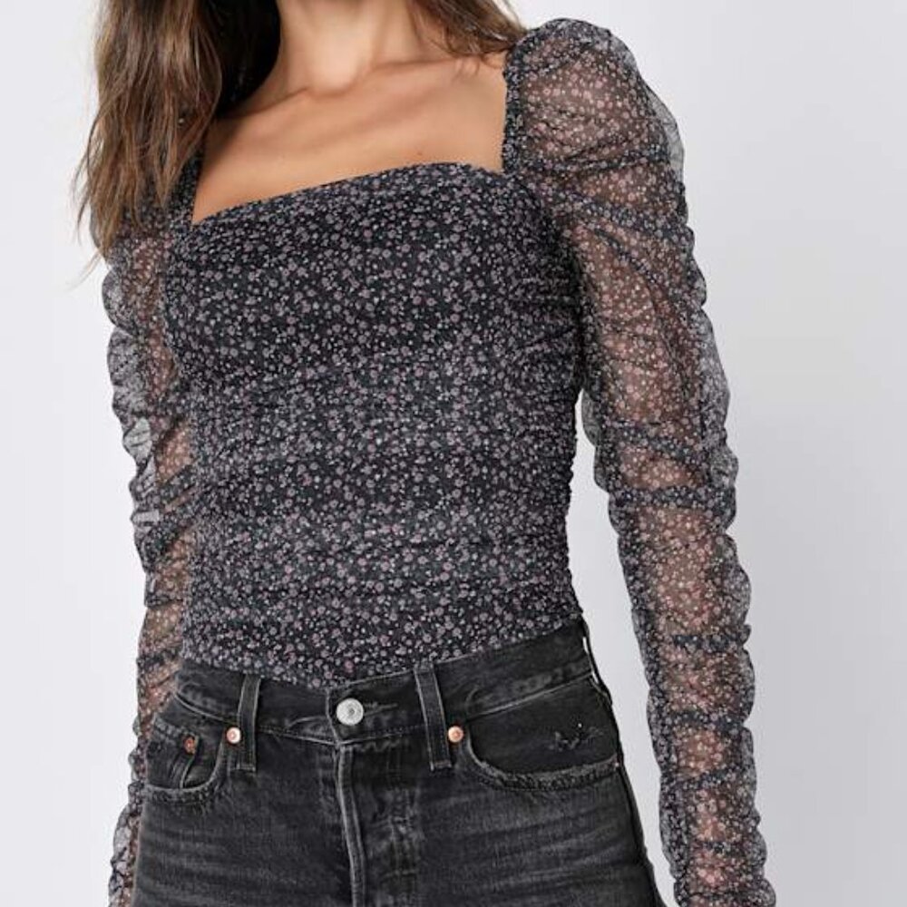 Lulus Blooming Energy Black Floral Mesh Ruched Long Sleeve Top - Size XS